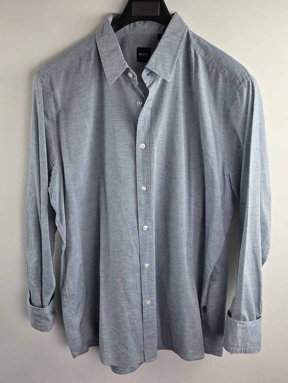 BOSS Shirt Mens XL Blue Long Sleeve Button Up Solid Linen Blend Regular Fit